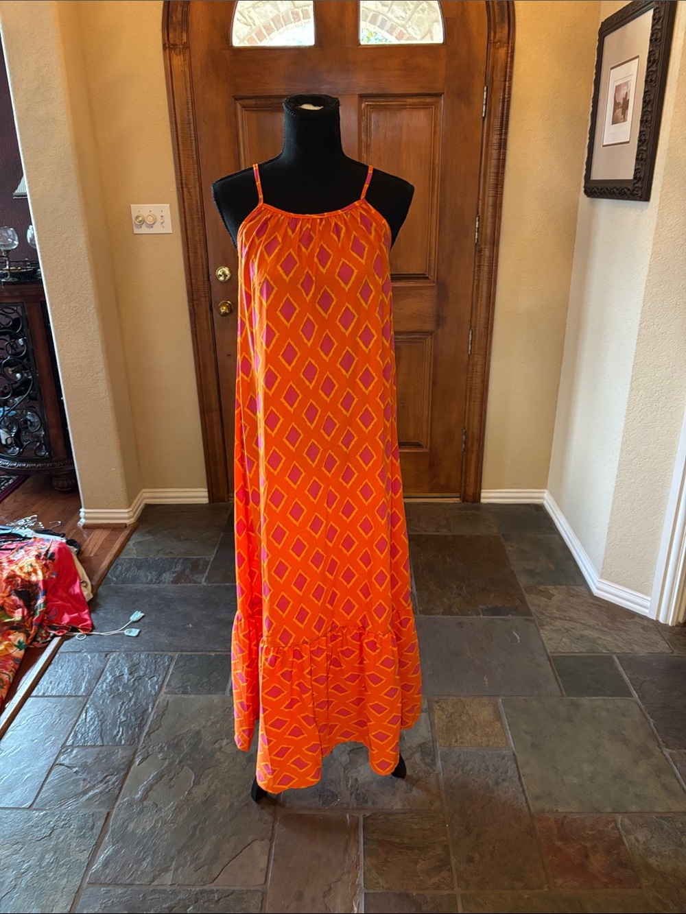 Vibrant Orange Geometric Maxi Dress with Ruffle Hem